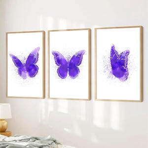 Set di 3 stampe da parete con farfalle viola brillanti, stampe per la camera delle bambine, poster con farfalle per il soggiorno, decorazioni per la cameretta dei bambini in viola, set con farfalle