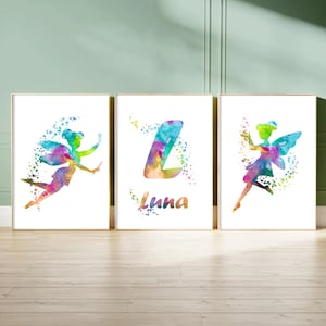 Personalised Nursery Prints Set of 3, Watercolour Fairy Wall Art, Baby Name Prints, Fairytale Room Wall Decor, Pink Girls Bedroom Prints