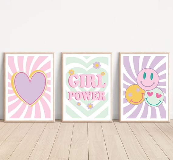 Retro Girls Bedroom Print, Pastel Girl Power Quote, Smiley Face Wall Art