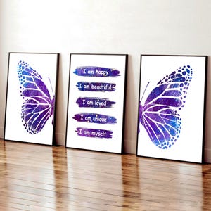 Set di 3 stampe di farfalle viola con affermazione, decorazione per camera da letto per ragazze, stampe positive per ragazze adolescenti, decorazione con farfalle viola, cameretta per ragazze