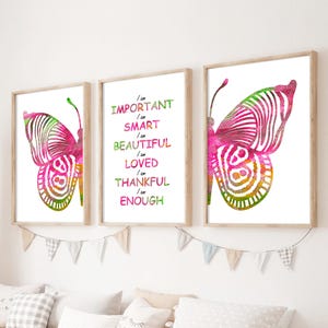 Set di 3 stampe da parete con farfalle colorate per la camera delle bambine, poster con affermazione "I am" per bambini, decorazioni folkloristiche con farfalle, arte per la cameretta delle bambine.