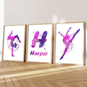 Set personalizzato di 3 stampe murali di ginnastica rosa e viola, decorazioni per la camera da letto rosa delle bambine, stampe di ginnastica per ragazze adolescenti, stampe di ginnastica viola