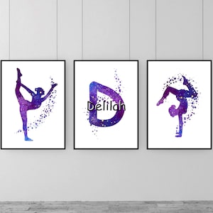 Stampe di ginnastica moderna, set di 3 stampe da parete personalizzate con motivi di ginnastica, decorazioni per la camera da letto viola per ragazze, regalo per ragazze ginnaste, stampe di ginnaste adolescenti