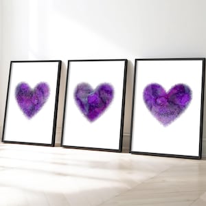 Set di 3 stampe da parete con cuori viola, poster "L'amore vince sempre", decorazione per camera da letto con affermazioni, quadri con cuori viola, stampe per camera da letto per ragazze