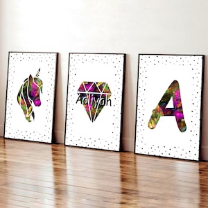 Stampe moderne per la camera da letto di ragazze adolescenti, set di 3 stampe personalizzate per ragazze, decorazioni moderne per la camera da letto di ragazze, set di decorazioni da parete con unicorno, stampa a diamante