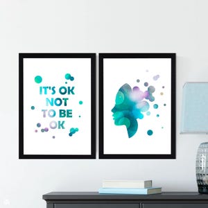 Stampe "It's Ok Not To Be Ok", set di 2 poster sulla salute mentale, arte con affermazioni positive per adolescenti, decorazioni per la stanza color verde acqua, poster sull'ansia nei bambini