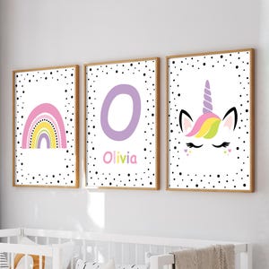 Personalized Rainbow Unicorn Nursery Prints: Set of 3, Girls Room Decor