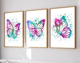 Conjunto de estampas de borboletas: arte em aquarela rosa e azul-petróleo, decoração de quarto de menina