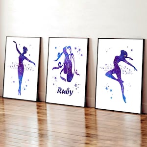 Personalised Purple Ballerina Prints, Set of 3 Purple Ballet Prints, Girls Bedroom Decor, Purple Dancing Girls Wall Art, Teenage Girl Print