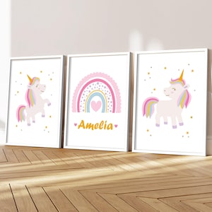 Unicorn Nursery Art Prints: Set of 3, Pastel Rainbow Decor, Personalized Girls Room