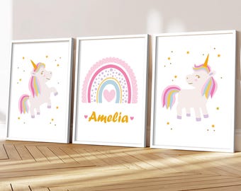 Unicorn Nursery Art Prints: Set of 3, Pastel Rainbow Decor, Personalized Girls Room