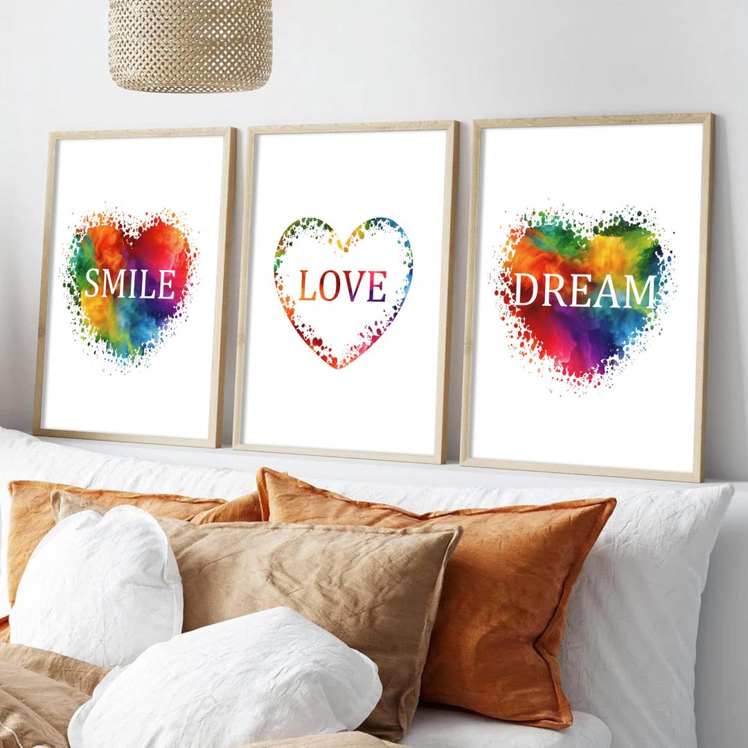 Colourful Heart Posters, Set of 3 Dream, Love, Smile Prints, Positive ...
