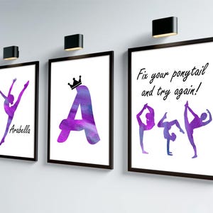 Arte murale personalizzata di ginnastica rosa e viola, set di 3 stampe di ginnastica affermative, regali di ginnastica, set di arte murale per la cameretta delle bambine viola
