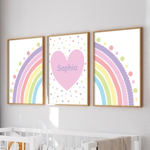 Set di 3 stampe arcobaleno pastello per la cameretta dei bambini, decorazioni personalizzate per la cameretta dei bambini, stampe da parete per la cameretta delle bambine, stampe arcobaleno rosa per la cameretta dei bambini, stampe artistiche arcobaleno