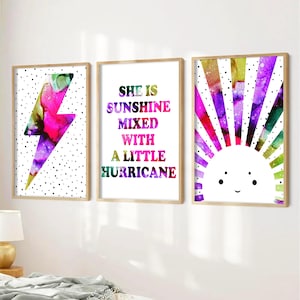 Lei è il sole mescolato con un piccolo uragano, set di 3 stampe rosa e viola per la camera da letto delle bambine, decorazioni per la camera da letto delle bambine, stampe positive
