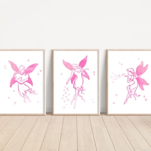 3er Set Rosa Feen-Wandbilder, Baby-Mädchen-Kinderzimmer-Deko, rosa Engelchen-Wandkunst, rosa Mädchen-Schlafzimmer-Drucke, Pastell Feen-Kunstdrucke