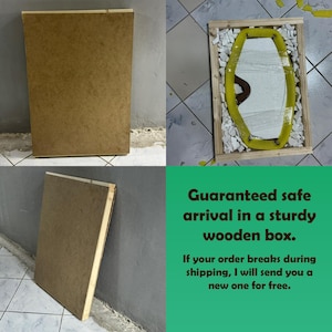 May include: A mirror with a yellow frame, packaged in a wooden crate with white stones. The image also shows a large, brown rectangular board. Text on the image reads: "Guaranteed safe arrival in a sturdy wooden box."