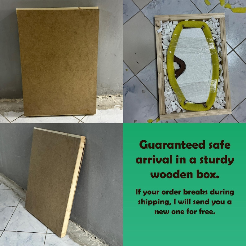 May include: A mirror with a yellow frame, packaged in a wooden crate with white stones. The image also shows a large, brown rectangular board. Text on the image reads: "Guaranteed safe arrival in a sturdy wooden box."