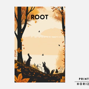 May include: A digital illustration of a woodland scene with a rabbit and a fox in silhouette. The background is a soft orange and yellow colour with a lake in the distance. The text "ROOT" is in the top left corner of the image. The text "PRINTED HORIZON" is in the bottom right corner of the image.
