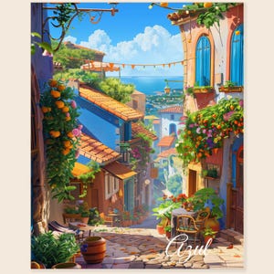 May include: A vibrant digital painting of a European village street scene. Buildings with blue, orange, and white facades are adorned with flowers and greenery. The word "Azul" is written in cursive at the bottom. A table and chairs are set up on the cobblestone street.