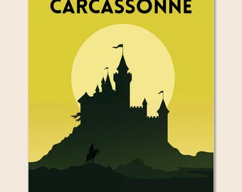 May include: A travel poster featuring the word "CARCASSONNE" in bold black letters at the top. Below, a silhouette of a castle on a hill is set against a yellow sun. A person on horseback is visible at the base of the castle.
