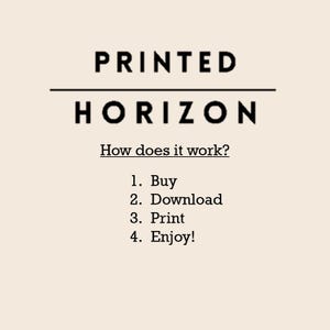 May include: Cream-colored graphic with the text "PRINTED HORIZON" above a horizontal line. Below, the text "How does it work?" is followed by a numbered list: Buy, Download, Print, and Enjoy!