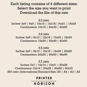 May include: A beige graphic with text detailing print sizes in inches and centimeters for various ratios, including 2:3, 3:4, 4:5, and 5:7. The text also includes ISO sizes A5, A4, A3, and A2. The brand name "PRINTED HORIZON" is at the bottom.