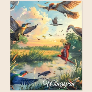 Może przedstawiać: Żywy obraz przedstawiający różne ptaki w locie nad spokojnym jeziorem i bagnem. Grafika charakteryzuje się ciepłą paletą barw z zachodzącym słońcem, bujną zielenią i słowem "Wingspan" w eleganckim skrypcie.