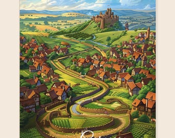 May include: An illustrated print of Carcassonne, a medieval city, featuring a winding road, stone walls, and red-roofed buildings. A castle sits atop a hill under a blue sky with clouds. The word "Carcassonne" is written in white.