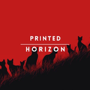 May include: A graphic design featuring black cat silhouettes on a grassy hill against a red background. The text "PRINTED HORIZON" is displayed in white above the cats.