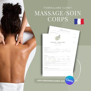 Peut inclure: Un formulaire client blanc pour massage et soin corps avec le texte FORMULAIRE CLIENT MASSAGE/SOIN CORPS, un petit motif botanique et des cases à cocher pour les informations de santé, le tout sur un fond vert sauge.