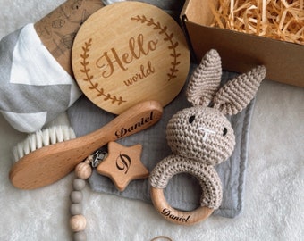 Arabic & English Name - Personalised baby gift - New baby Gift - Personalized Gift - Baby shower - Baby gift box - Crochet baby set - Rattle