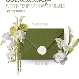 Plantilla editable verde oliva para sitio web de bodas / Paquete de invitaciones Canva (Descarga digital)