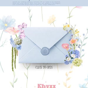Op de afbeelding: Een lichtblauwe envelop met een waszegel met een bladmotief, omringd door aquarel bloemenillustraties. De tekst luidt: WEDDING Website Template Now Available, CLICK TO OPEN en Khyxx Digitals DIGITAL PRODUCTS.
