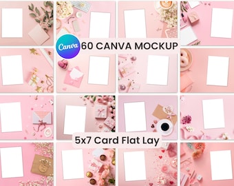 60 Paper Mockup Canva Template, Pink Flat Lay Background, 5x7 Card Mockup Bundle
