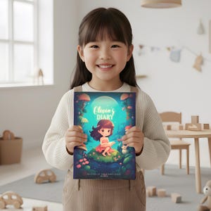 May include: A young girl holds a children's book titled "Olivia's Diary." The cover features a cartoon illustration of a girl reading in a magical forest setting, with the text "Mystery of the Hidden Magic World."