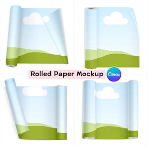 May include: Four rolled paper mockups with a sky and landscape design. The paper is unrolled to reveal a blue sky with white clouds and a green landscape. The text "Rolled Paper Mockup" is displayed.
