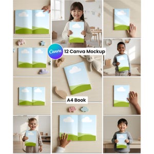 Op de afbeelding: Een verzameling afbeeldingen met een A4-boekmodel. Het boekontwerp toont een blauwe lucht met witte wolken en groene heuvels. De tekst "Canva 12 Canva Mockup" en "A4 Book" zijn ook zichtbaar.