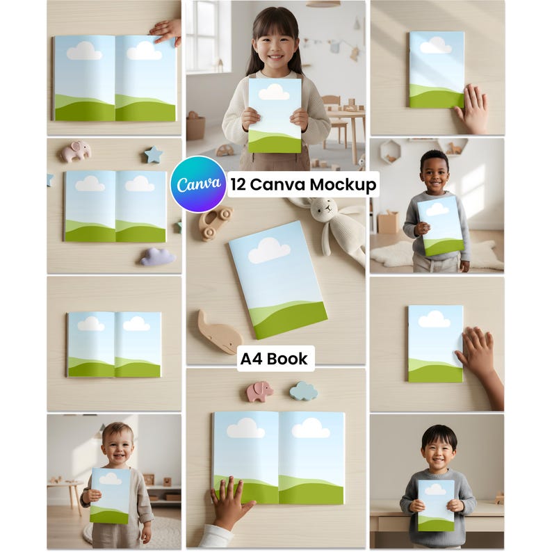 May include: A collection of images showcasing an A4 book mockup with a sky and landscape design. The book features a blue sky with white clouds and green hills. The text "Canva 12 Canva Mockup" and "A4 Book" are also visible.