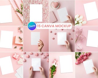 Pink Romantic Card Mockup Bundle, 5x7 Paper Canva Mockup Template, Invitation Mockups Pack