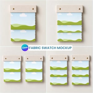 May include: A fabric swatch mockup featuring a light blue sky with white clouds and green rolling hills pattern. The swatches are attached to a beige header with two metal fasteners. The text "FABRIC SWATCH MOCKUP" is centered in the image.