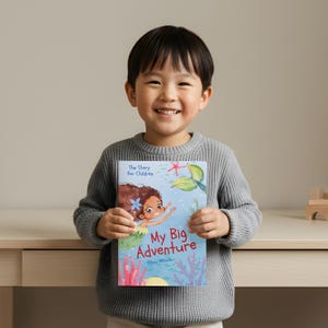 May include: A young child holds a children's book titled "My Big Adventure" by Olivia Wilson. The book cover features a cartoon mermaid with brown hair and a green tail, swimming in a blue ocean with coral and starfish.