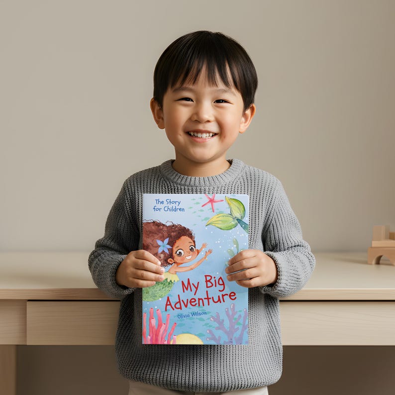May include: A young child holds a children's book titled "My Big Adventure" by Olivia Wilson. The book cover features a cartoon mermaid with brown hair and a green tail, swimming in a blue ocean with coral and starfish.