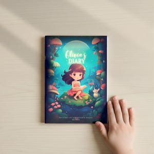 May include: A children's diary titled "Olivia's Diary" with a fantasy illustration. The cover features a cartoon girl reading a book in a magical forest setting. The text "Mystery of the Hidden Magic World" is also visible.