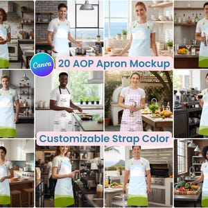 May include: A collection of aprons with a cloud design, customizable strap colours, and the text "20 AOP Apron Mockup". The aprons have a white base with a blue cloud and green bottom.