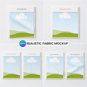 May include: A set of fabric swatches featuring a light blue sky, white clouds, and green rolling hills. Each swatch has a white header with text including 'YOUR BRAND', 'Editable Label', 'CUSTOM LABEL', or 'Your Brand Here' for customization.