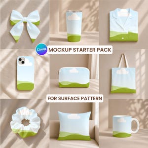 May include: A collection of items featuring a landscape pattern of green hills and white clouds against a light blue sky, including a hair bow, tumbler, pajama top, phone case, pouch, tote bag, scrunchie, pillow, and mug with text MOCKUP STARTER PACK FOR SURFACE PATTERN.
