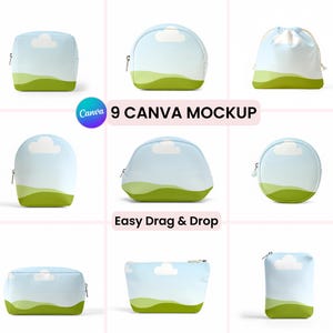 Peut inclure: Neuf maquettes de trousses de maquillage de différentes formes, chacune présentant un motif de ciel et de paysage. Les sacs se présentent sous différentes formes, notamment rectangulaires, arrondies et à cordon de serrage. Le texte "9 CANVA MOCKUP" et "Easy Drag & Drop" sont également visibles.