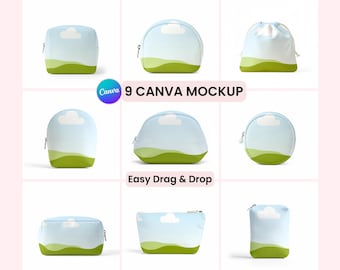 Pouch Canva Mockup Template, 9 Editable Zipper Bag Mockups for Surface Designers