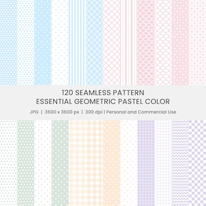 May include: A collection of 12 pastel-colored seamless patterns. The patterns include polka dots, stripes, and geometric shapes in shades of blue, pink, green, and purple. The text reads "120 Seamless Pattern Essential Geometric Pastel Color."